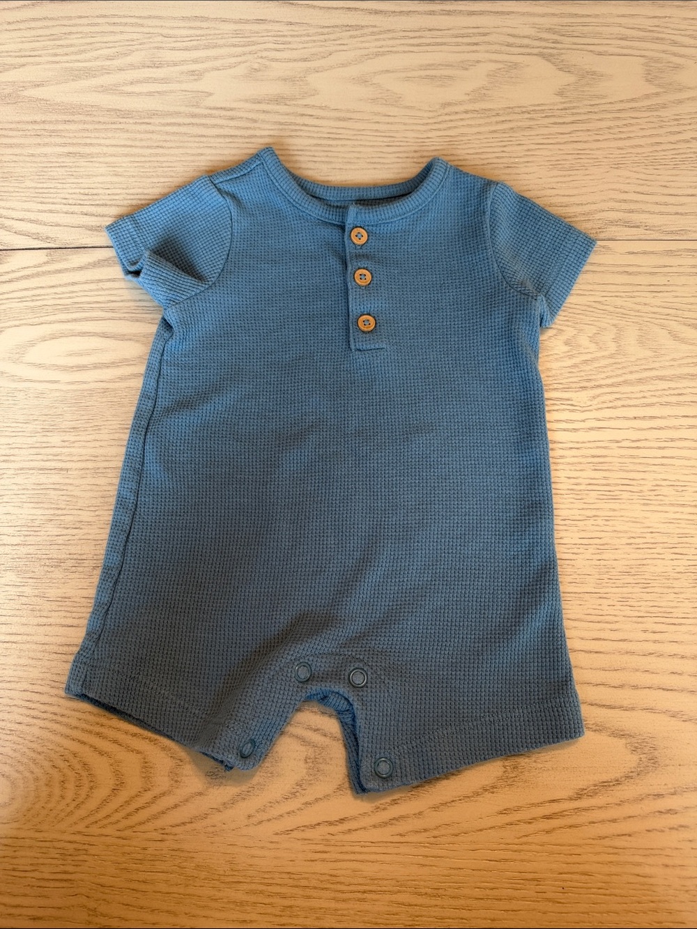 Short-Sleeve Waffle Knit Baby One-Piece in Dusty Blue